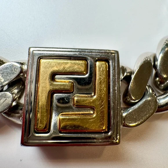 Fendi FF Logo Chain Link Bracelet In Silver And Gold Tone Metal, Size Small - Picture 11 of 12